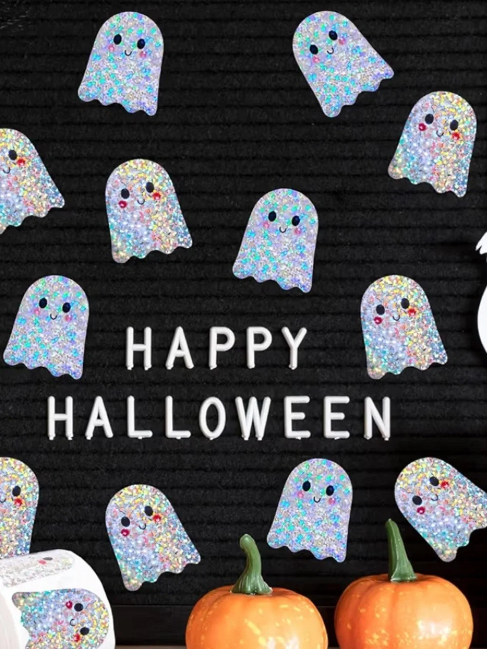 NEW! 50 Glitter Ghosts Holographic Silver  1.5 inch Stickers